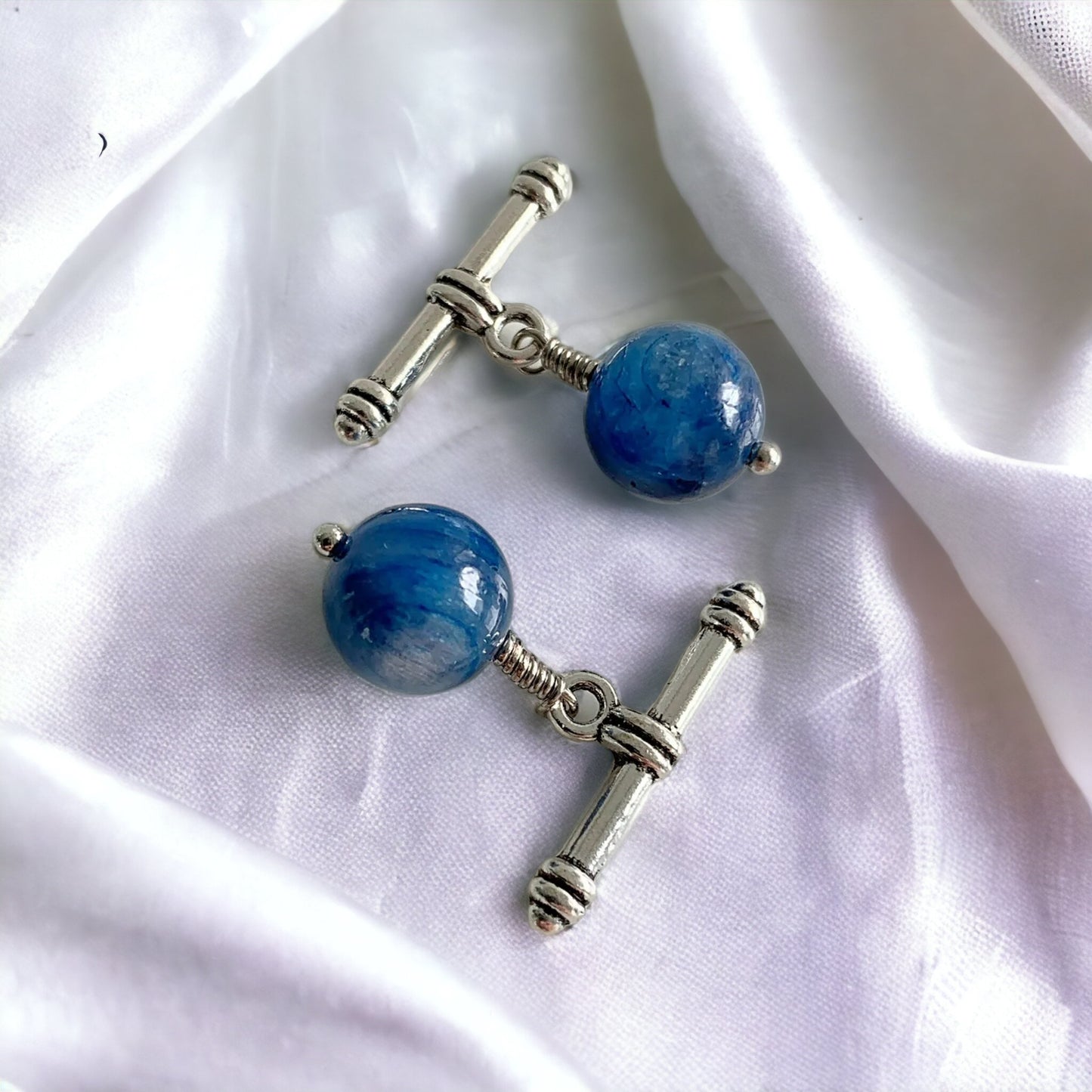 Kyanite blue bead and silver toggle cufflinks, cuff links