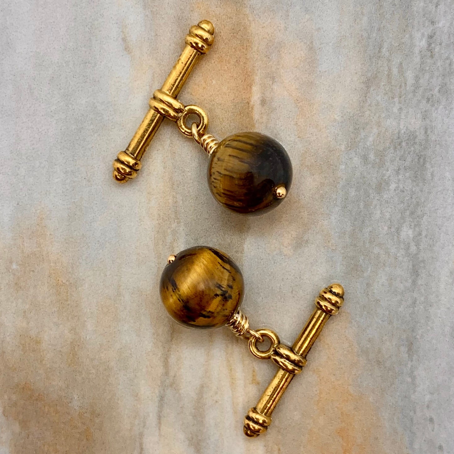 Rich brown tiger eye cufflinks, cuff links with gold toggles