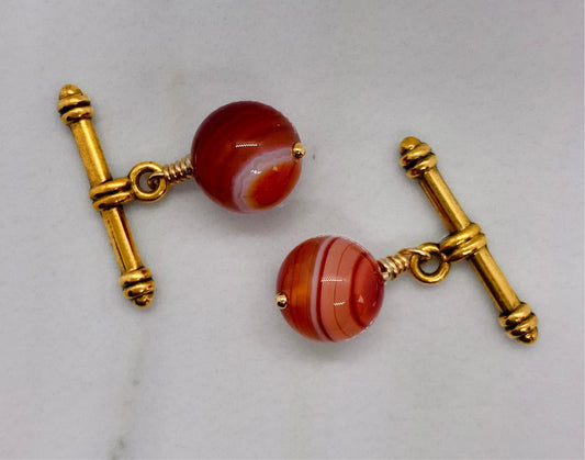 Orange banded agate cufflinks, cuff links with gold toggles  