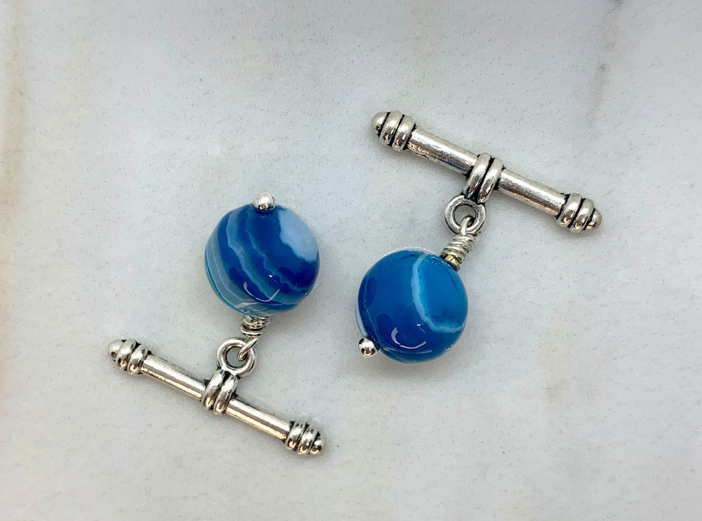 Vibrant blue agate cuff links, cufflinks with silver toggles