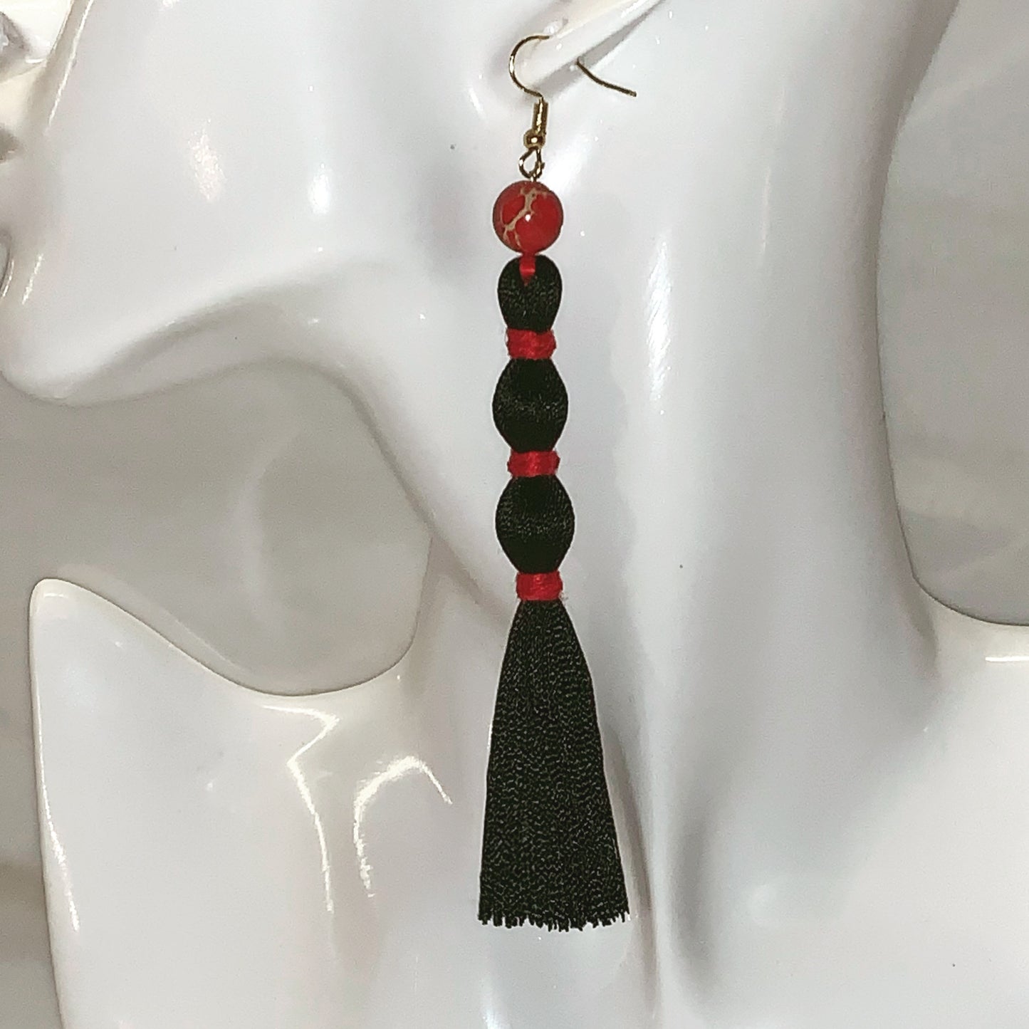 Red Jasper - Black Silk Tassel Earring with Red Jasper Gemstone