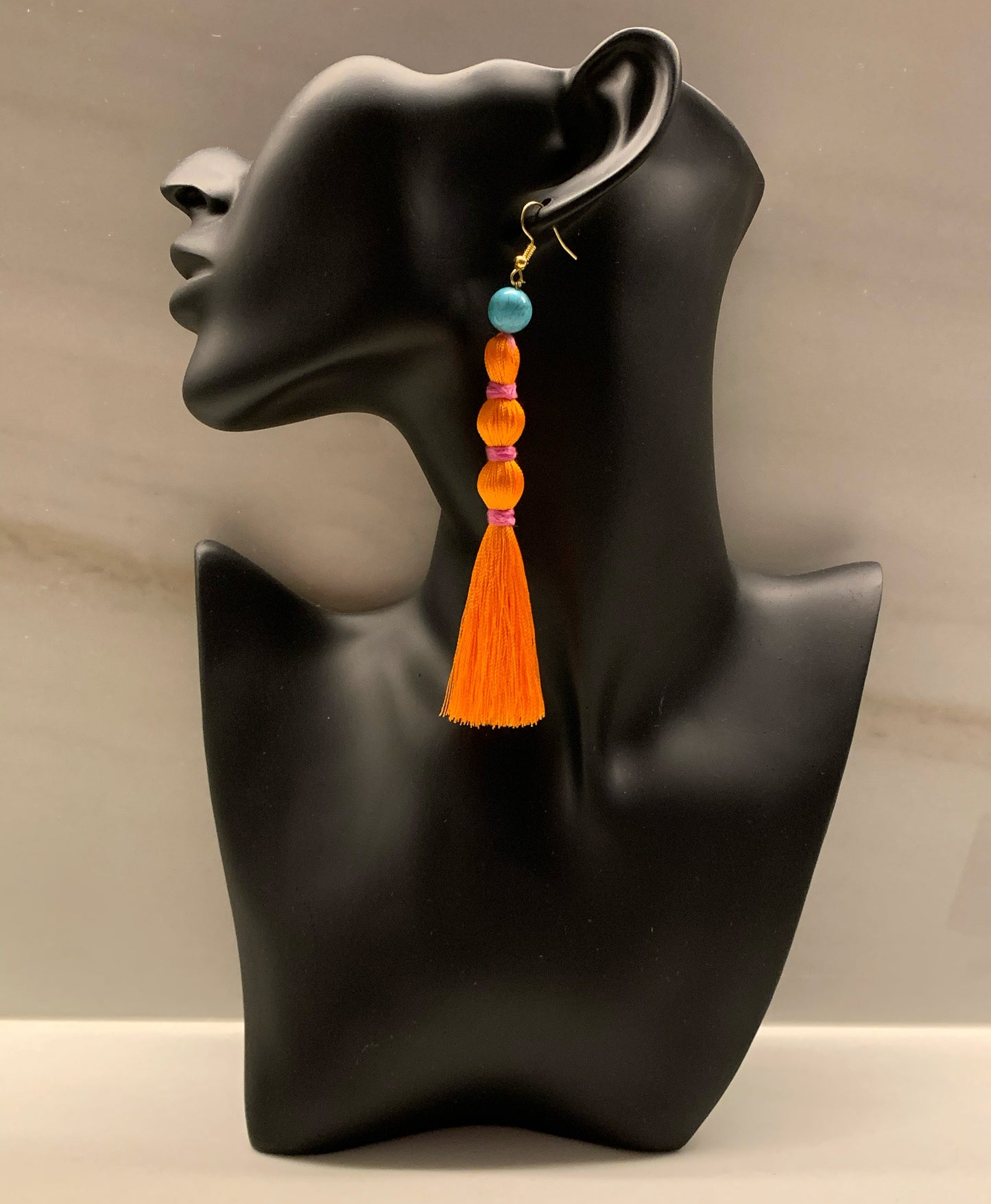 The Bombay - Orange Silk Tassel Earrings with Turquoise Gemstone