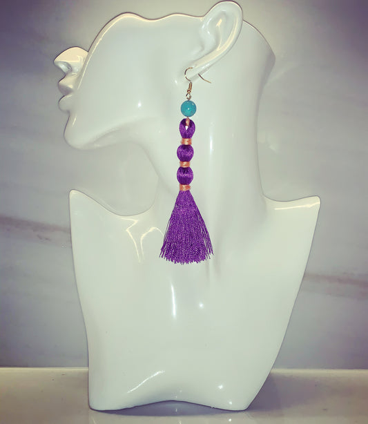 Marrakesh - Purple Silk Tassel Earrings with Turquoise Gemstone