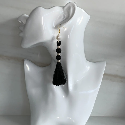 Nefertiti - Black Silk Tassel Earrings with Baroque Pearls