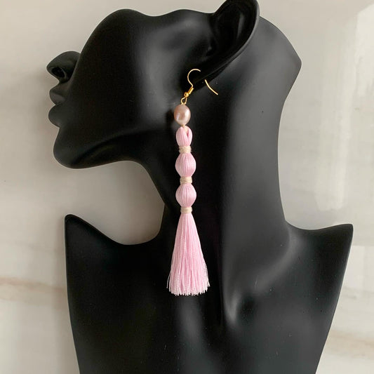 Lolita - Pink Silk Tassel Earrings with Baroque Pearls