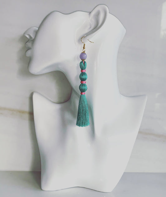 Palm Beach - Turquoise Silk Tassel Earrings with Angelite Gemstone