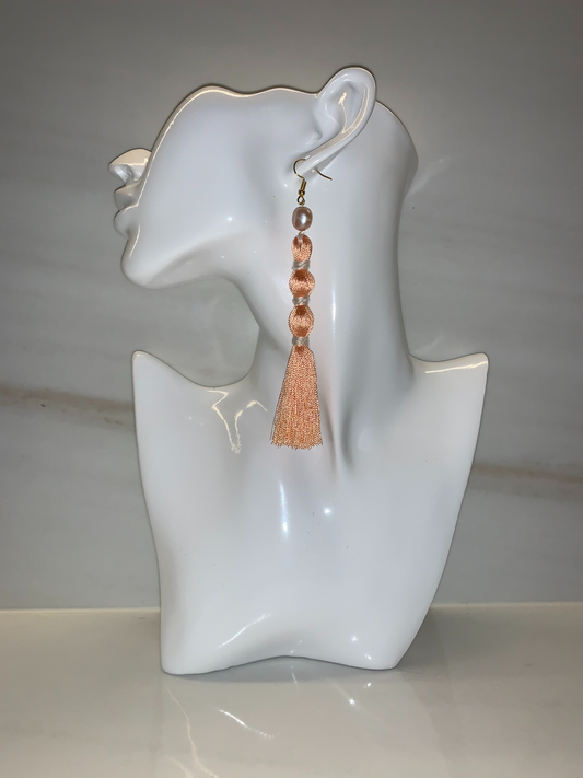 Peach Silk Tassel Earrings and Baroque Pearls