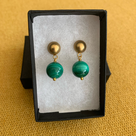 Malachite Earrings with Shiny/Matte Gold Studs