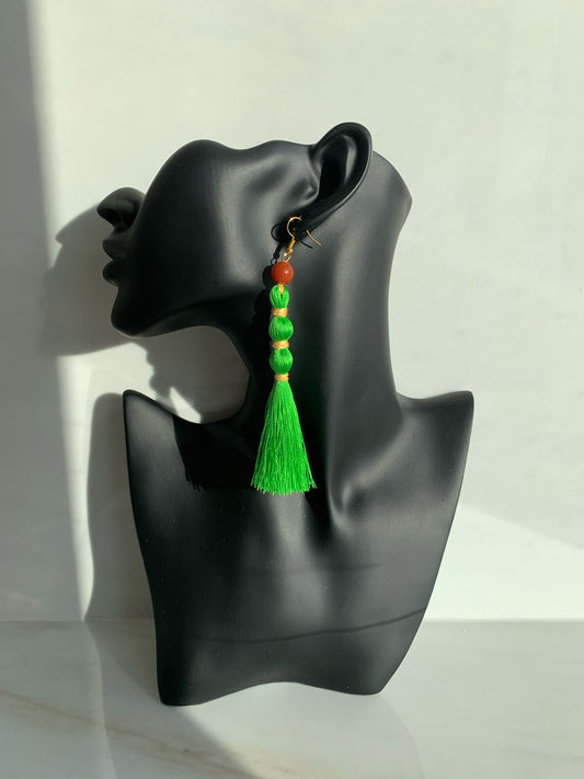 Rio - Green Silk Tassel Earrings with Orange Agate Gemstone