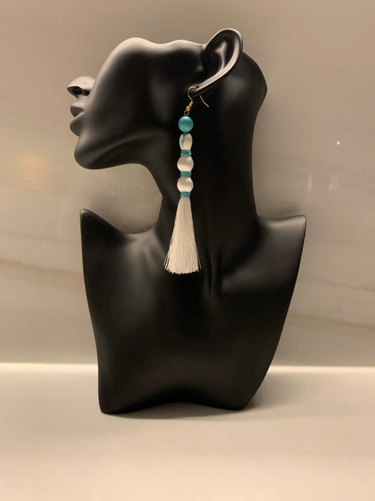 Phairoz - White Silk Tassel Earrings with Turquoise Gemstone
