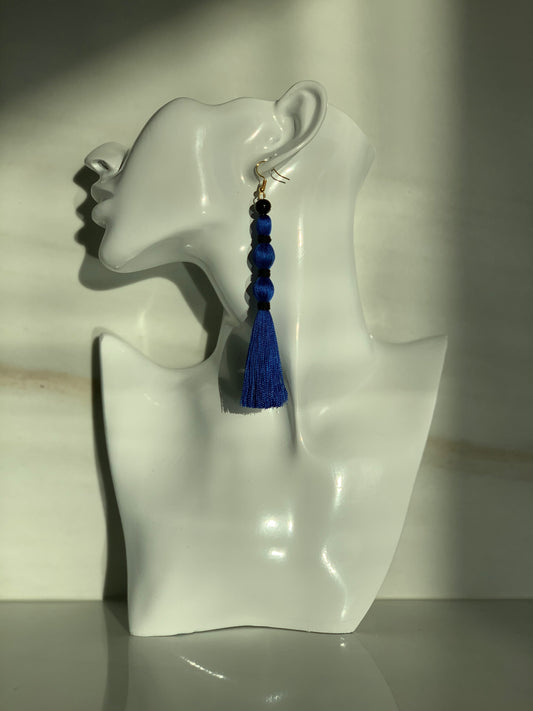Paris - Royal Blue Silk Tassel Earrings with Black Obsidian Gemstone