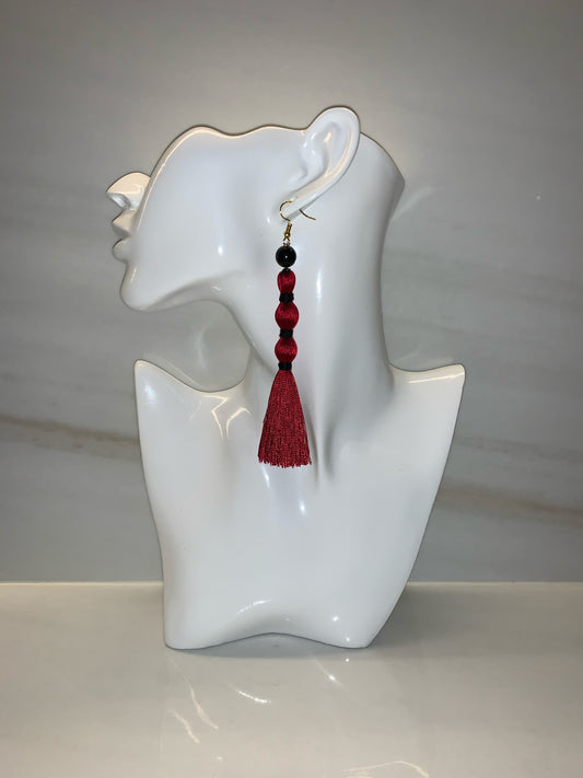 Shanghai - Deep Red Silk Tassel Earrings with Obsidian Gemstone