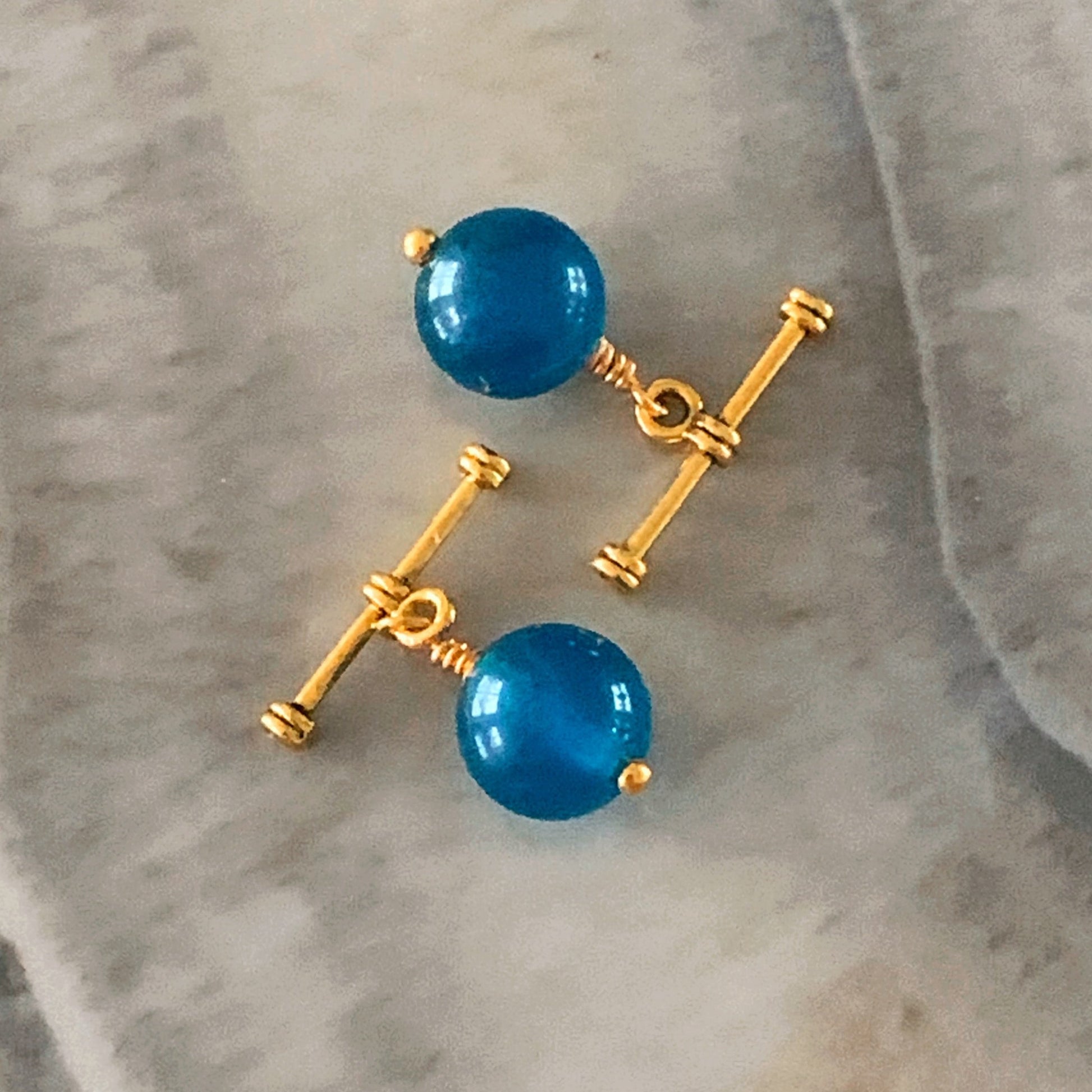 Vivid Blue Apatite cufflinks, cuff links with gold toggles